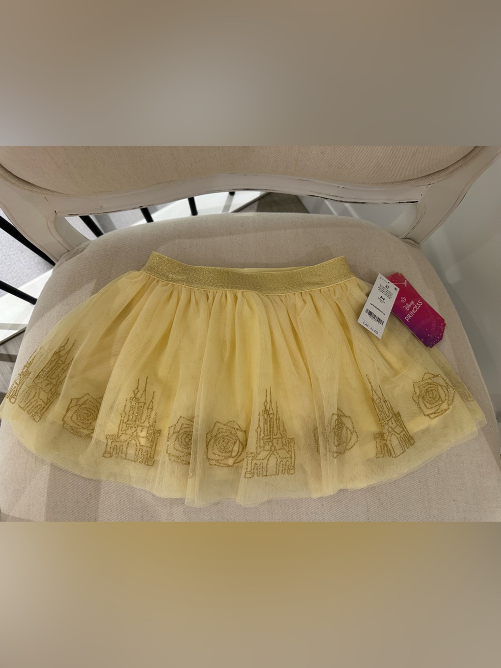 🤍 3T Disney Aurora Butter Yellow Tulle Princess Skort with Gold Castle Trim NWT